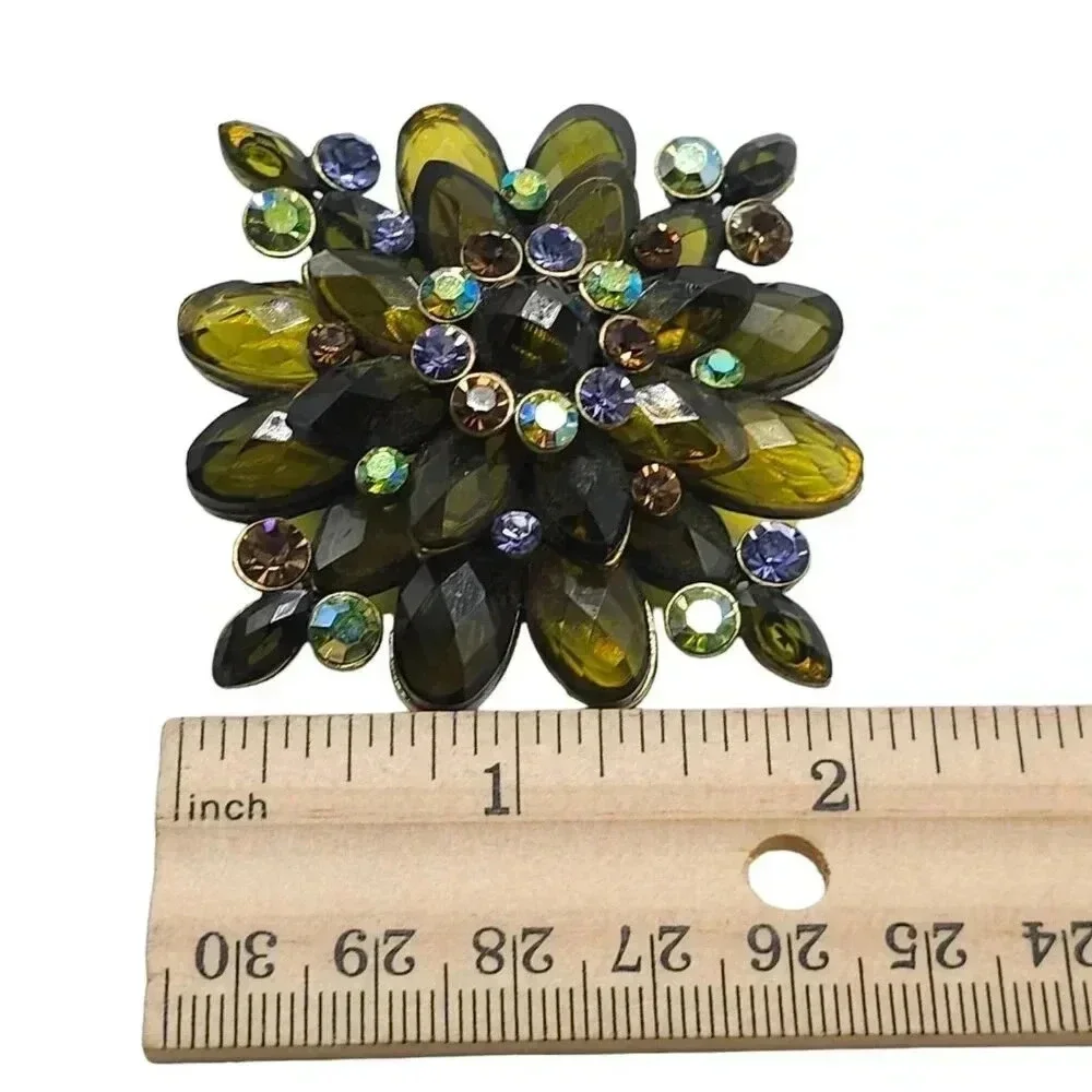 Green Aurora Borealis Prystal Brooch Pin Gold Tone Vintage FOR REPAIR